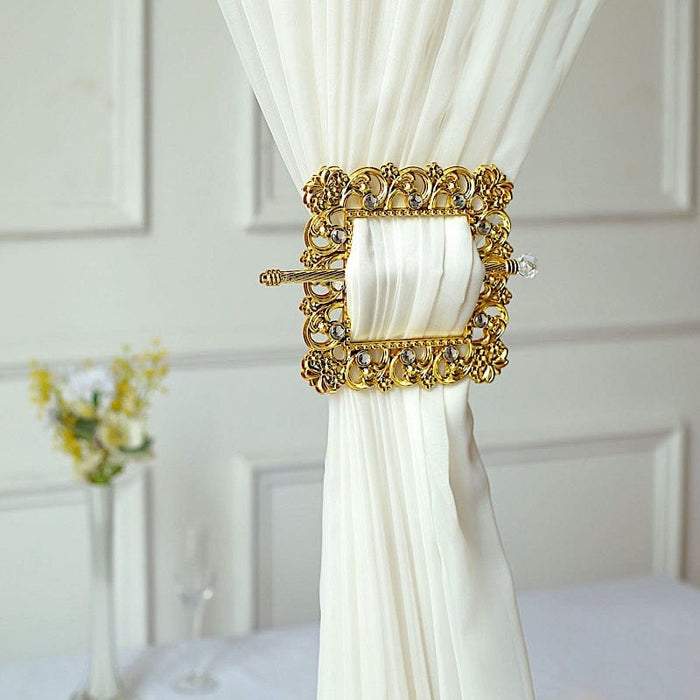 2 Square 7 Baroque Plastic Curtain Tie Backs Acrylic Crystals - Gold