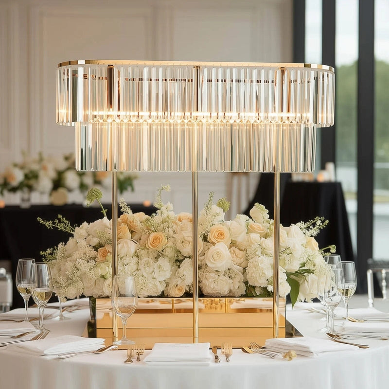 2-Tier 40" Oval Metal Chandelier Floral Stand with Crystals - Gold and Clear CHDLR_070_40X40_GOLD