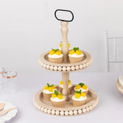 2-Tier Beaded Wooden Serving Tray Stand With Metal Handle - Natural CAKE_WOD025_2T_NAT