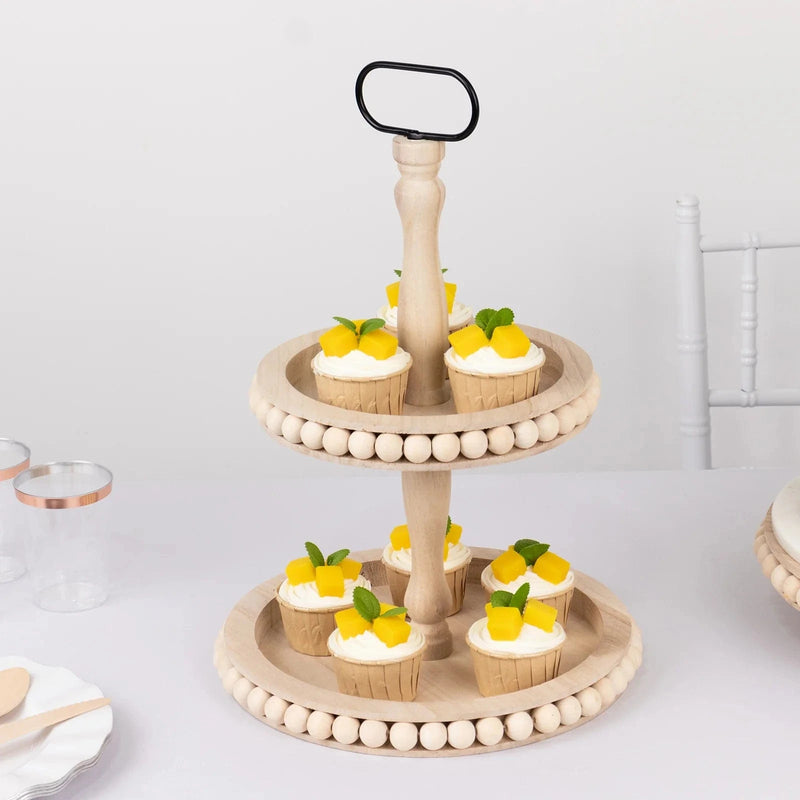 2-Tier Beaded Wooden Serving Tray Stand With Metal Handle - Natural CAKE_WOD025_2T_NAT