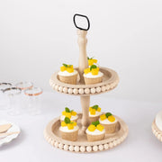 2-Tier Beaded Wooden Serving Tray Stand With Metal Handle - Natural CAKE_WOD025_2T_NAT