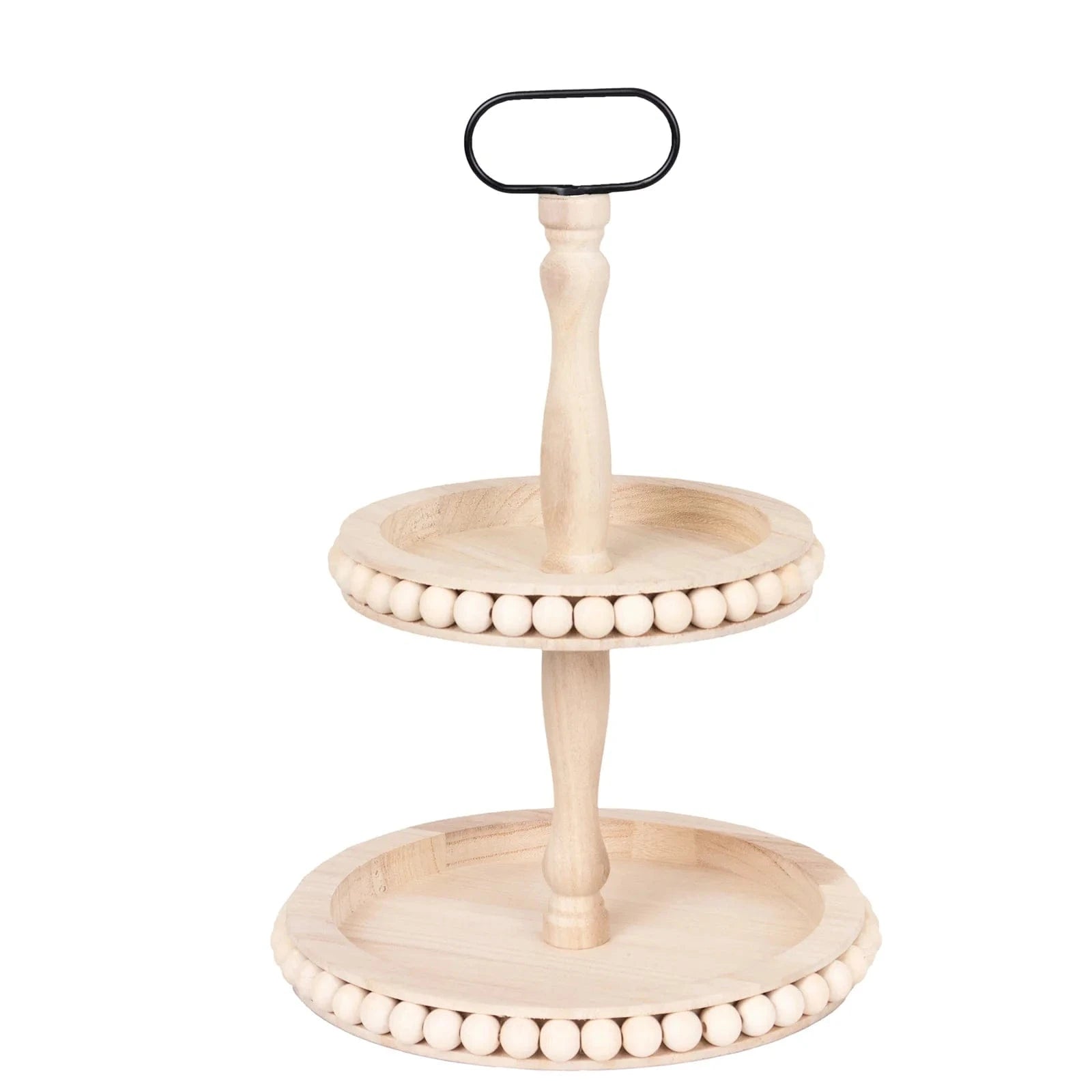 2-Tier Beaded Wooden Serving Tray Stand With Metal Handle - Natural CAKE_WOD025_2T_NAT