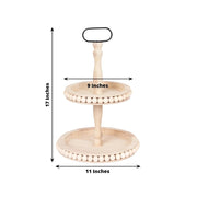 2-Tier Beaded Wooden Serving Tray Stand With Metal Handle - Natural CAKE_WOD025_2T_NAT