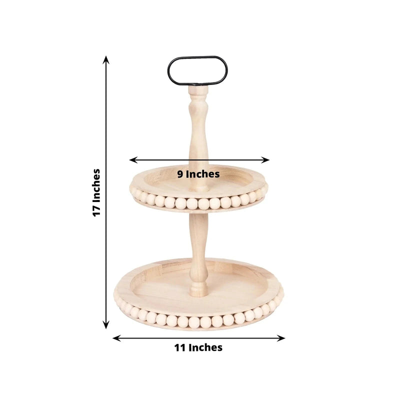 2-Tier Beaded Wooden Serving Tray Stand With Metal Handle - Natural CAKE_WOD025_2T_NAT
