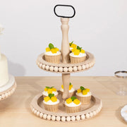 2-Tier Beaded Wooden Serving Tray Stand With Metal Handle - Natural CAKE_WOD025_2T_NAT