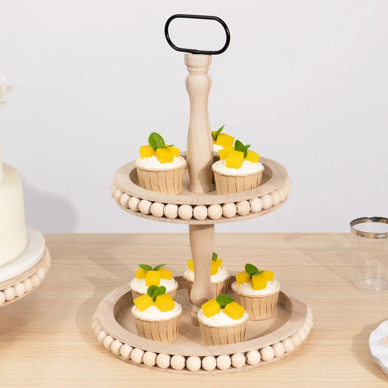 2-Tier Beaded Wooden Serving Tray Stand With Metal Handle - Natural CAKE_WOD025_2T_NAT