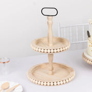 2-Tier Beaded Wooden Serving Tray Stand With Metal Handle - Natural CAKE_WOD025_2T_NAT