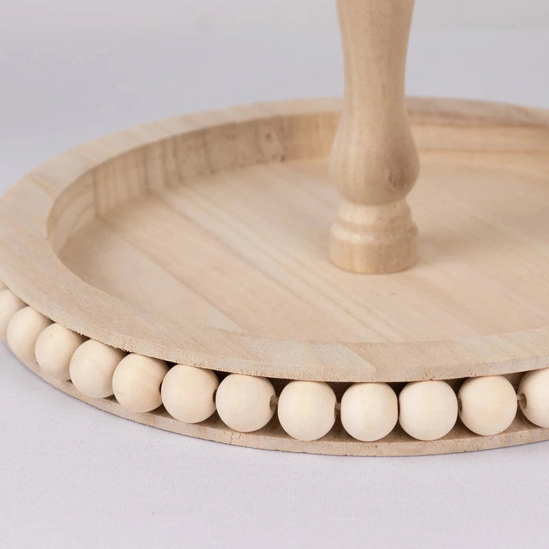 2-Tier Beaded Wooden Serving Tray Stand With Metal Handle - Natural CAKE_WOD025_2T_NAT