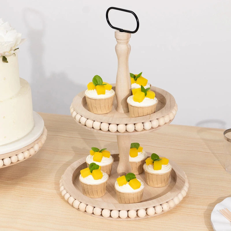 2-Tier Beaded Wooden Serving Tray Stand With Metal Handle - Natural CAKE_WOD025_2T_NAT
