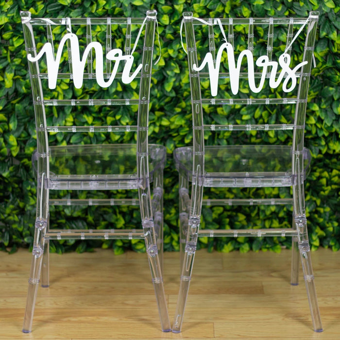 2 Wooden 12" x 6" Mr and Mrs Chair Signs Wedding Hanging Decor - White WOD_CHAIRSIGN002_WHT