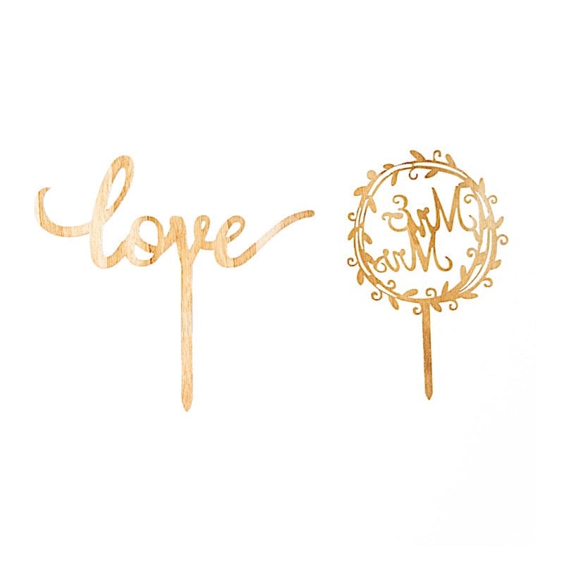 2 Wooden Mr & Mrs and Love Wedding Cake Toppers - Natural CAKE_TOP_016_MIX_NAT