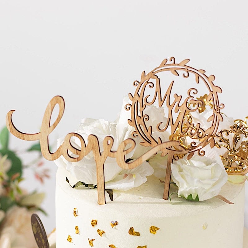 2 Wooden Mr & Mrs and Love Wedding Cake Toppers - Natural CAKE_TOP_016_MIX_NAT