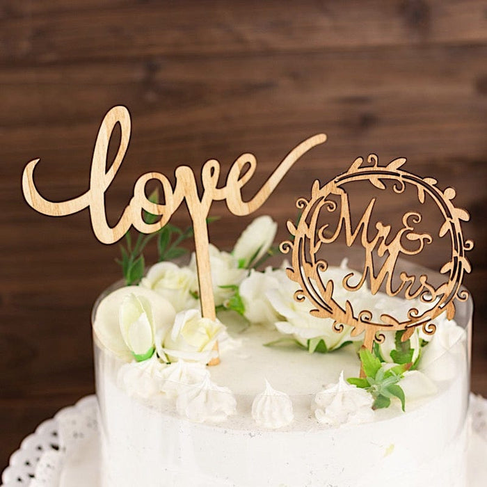 2 Wooden Mr & Mrs and Love Wedding Cake Toppers - Natural CAKE_TOP_016_MIX_NAT