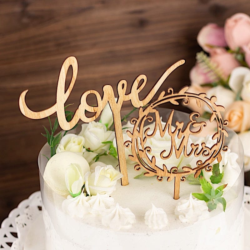 2 Wooden Mr & Mrs and Love Wedding Cake Toppers - Natural CAKE_TOP_016_MIX_NAT