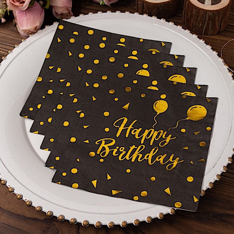 20 Disposable 13" x 13" Happy Birthday Dinner Paper Napkins - Black with Gold NAP_BEV07_BDAY_BLKGD
