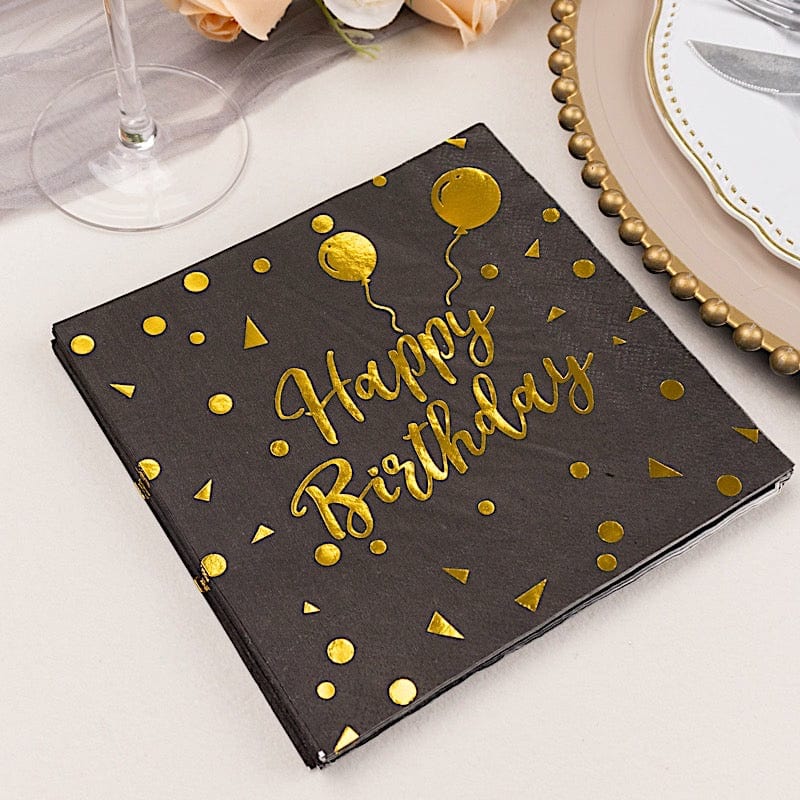 20 Disposable 13" x 13" Happy Birthday Dinner Paper Napkins - Black with Gold NAP_BEV07_BDAY_BLKGD