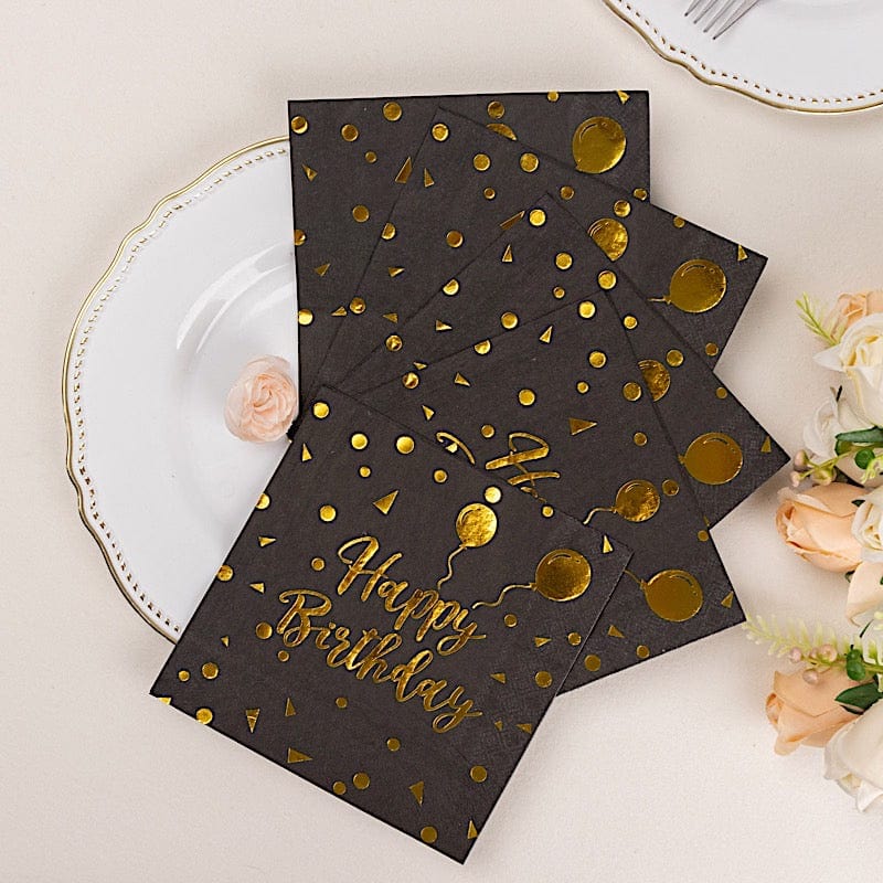 20 Disposable 13" x 13" Happy Birthday Dinner Paper Napkins - Black with Gold NAP_BEV07_BDAY_BLKGD