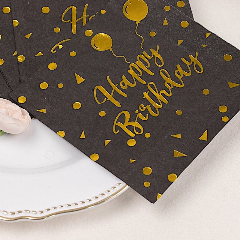 20 Disposable 13" x 13" Happy Birthday Dinner Paper Napkins - Black with Gold NAP_BEV07_BDAY_BLKGD