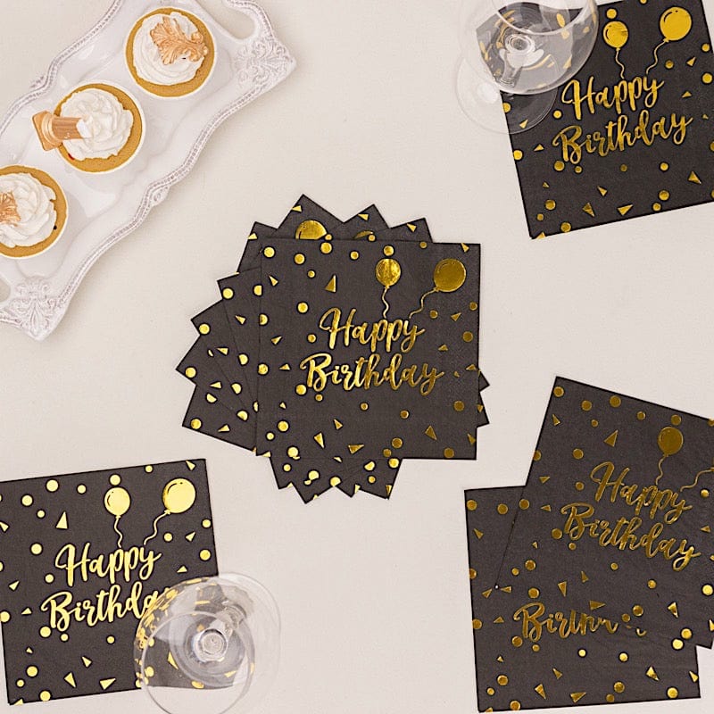 20 Disposable 13" x 13" Happy Birthday Dinner Paper Napkins - Black with Gold NAP_BEV07_BDAY_BLKGD