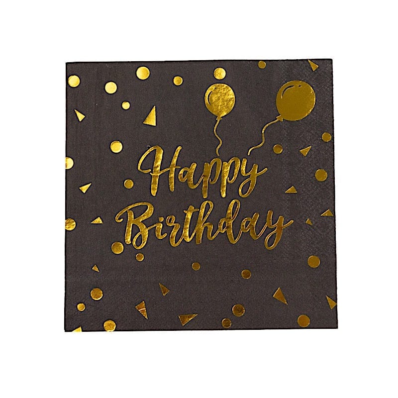 20 Disposable 13" x 13" Happy Birthday Dinner Paper Napkins - Black with Gold NAP_BEV07_BDAY_BLKGD