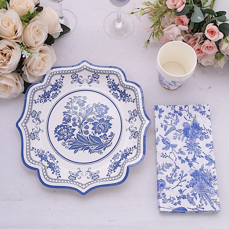 20 Floral 2 Ply Paper Disposable Dinner Napkins - White with Blue NAP_DIN16_BLUE