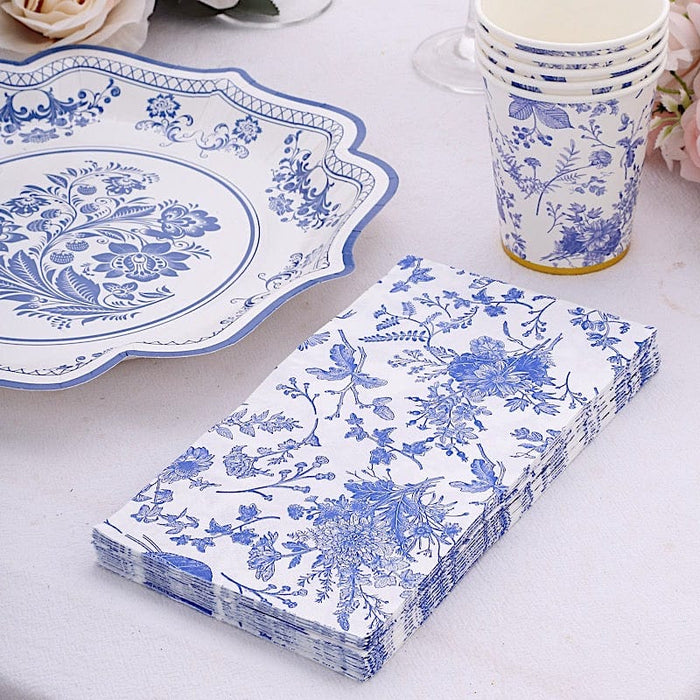20 Floral 2 Ply Paper Disposable Dinner Napkins - White with Blue NAP_DIN16_BLUE