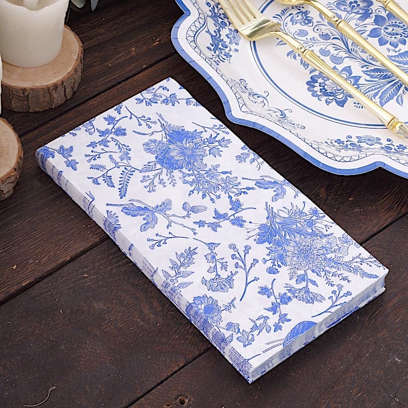 20 Floral 2 Ply Paper Disposable Dinner Napkins - White with Blue NAP_DIN16_BLUE