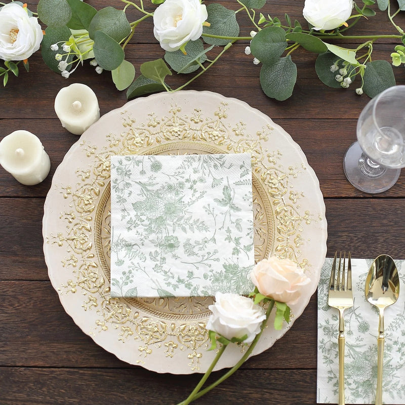 20 Floral Design 13" x 13" Dinner Paper Napkins - White and Blue