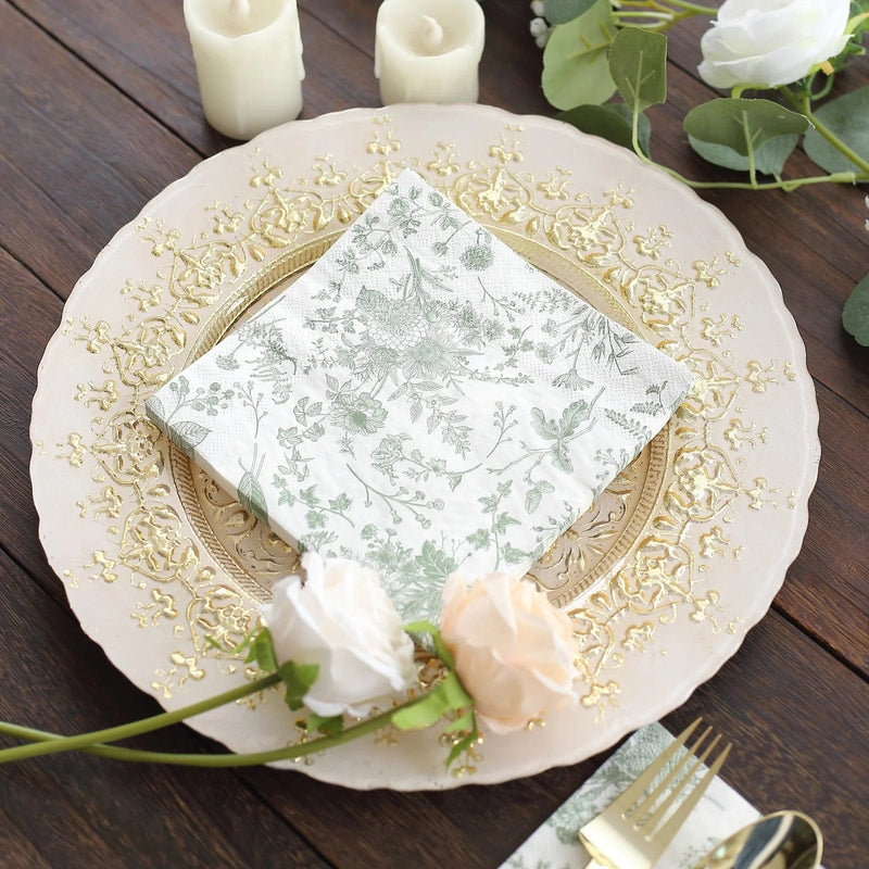 20 Floral Design 13" x 13" Dinner Paper Napkins - White and Blue