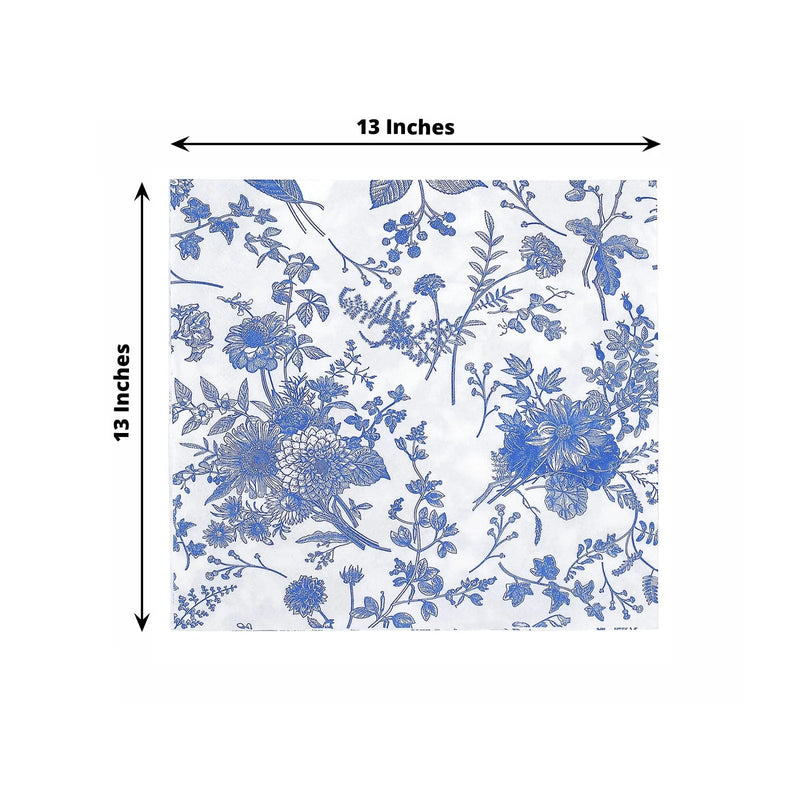 20 Floral Design 13" x 13" Dinner Paper Napkins - White and Blue NAP_BEV16_BLUE