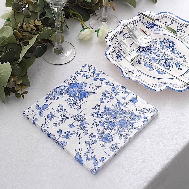 20 Floral Design 13" x 13" Dinner Paper Napkins - White and Blue NAP_BEV16_BLUE