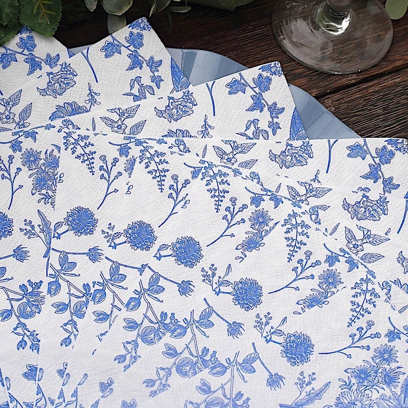 20 Floral Design 13" x 13" Dinner Paper Napkins - White and Blue NAP_BEV16_BLUE