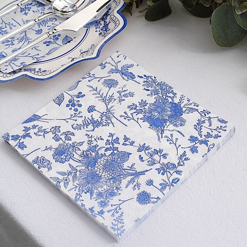 20 Floral Design 13" x 13" Dinner Paper Napkins - White and Blue NAP_BEV16_BLUE
