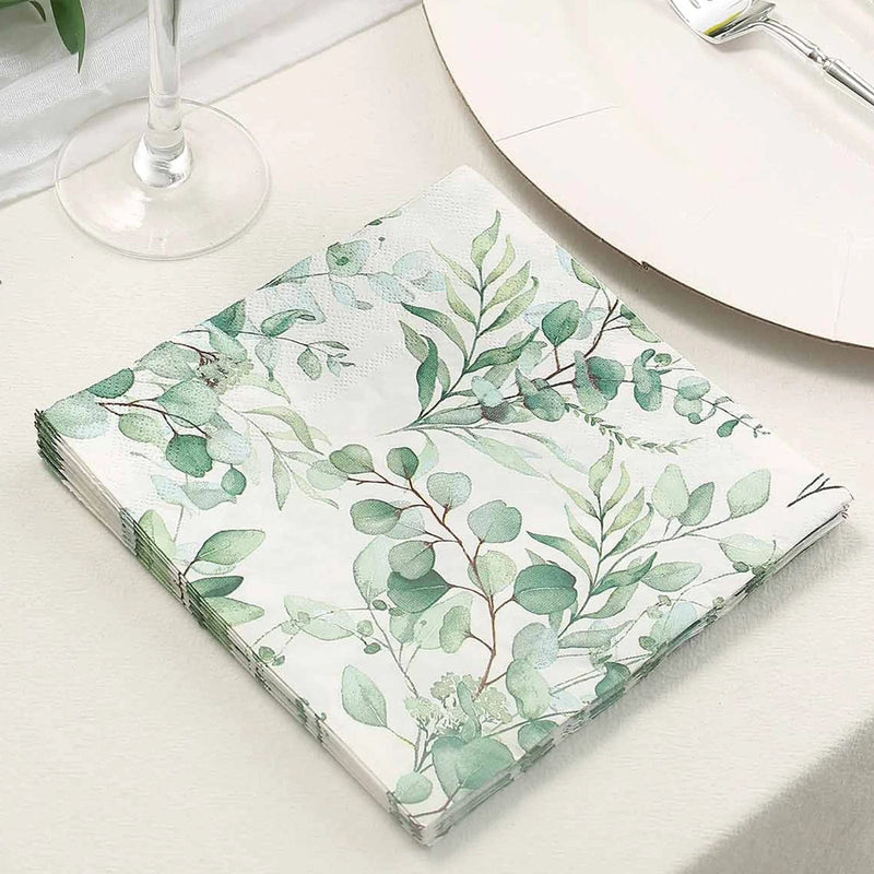 20 Leaves Design 13" x 13" Dinner Paper Napkins - White and Green NAP_BEV08_GRN