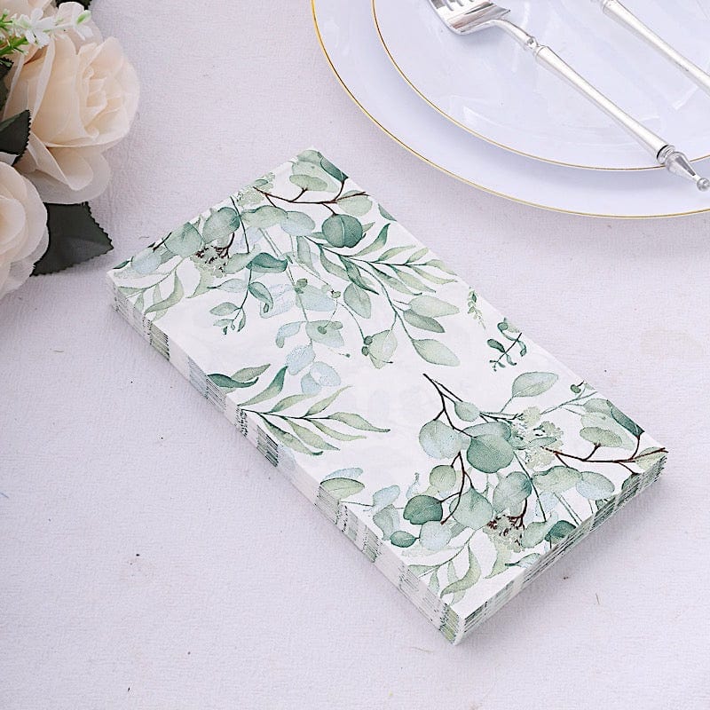 20 Paper Disposable Dinner Napkins with Leaves Design - White and Green NAP_DIN08_GRN