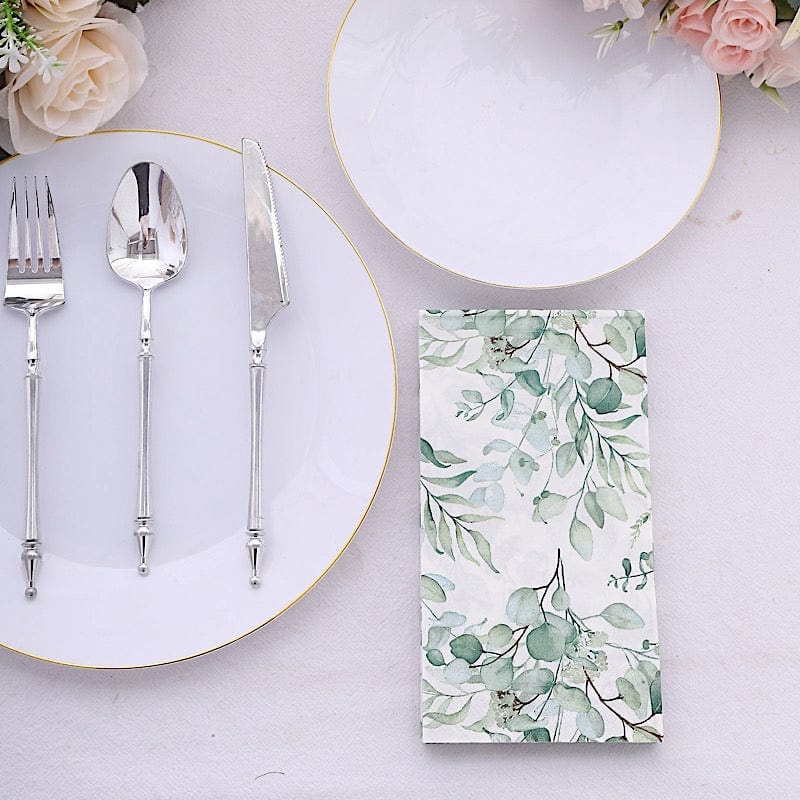 20 Paper Disposable Dinner Napkins with Leaves Design - White and Green NAP_DIN08_GRN