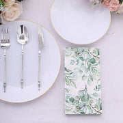 20 Paper Disposable Dinner Napkins with Leaves Design - White and Green NAP_DIN08_GRN