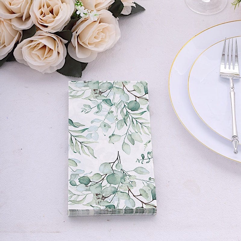 20 Paper Disposable Dinner Napkins with Leaves Design - White and Green NAP_DIN08_GRN