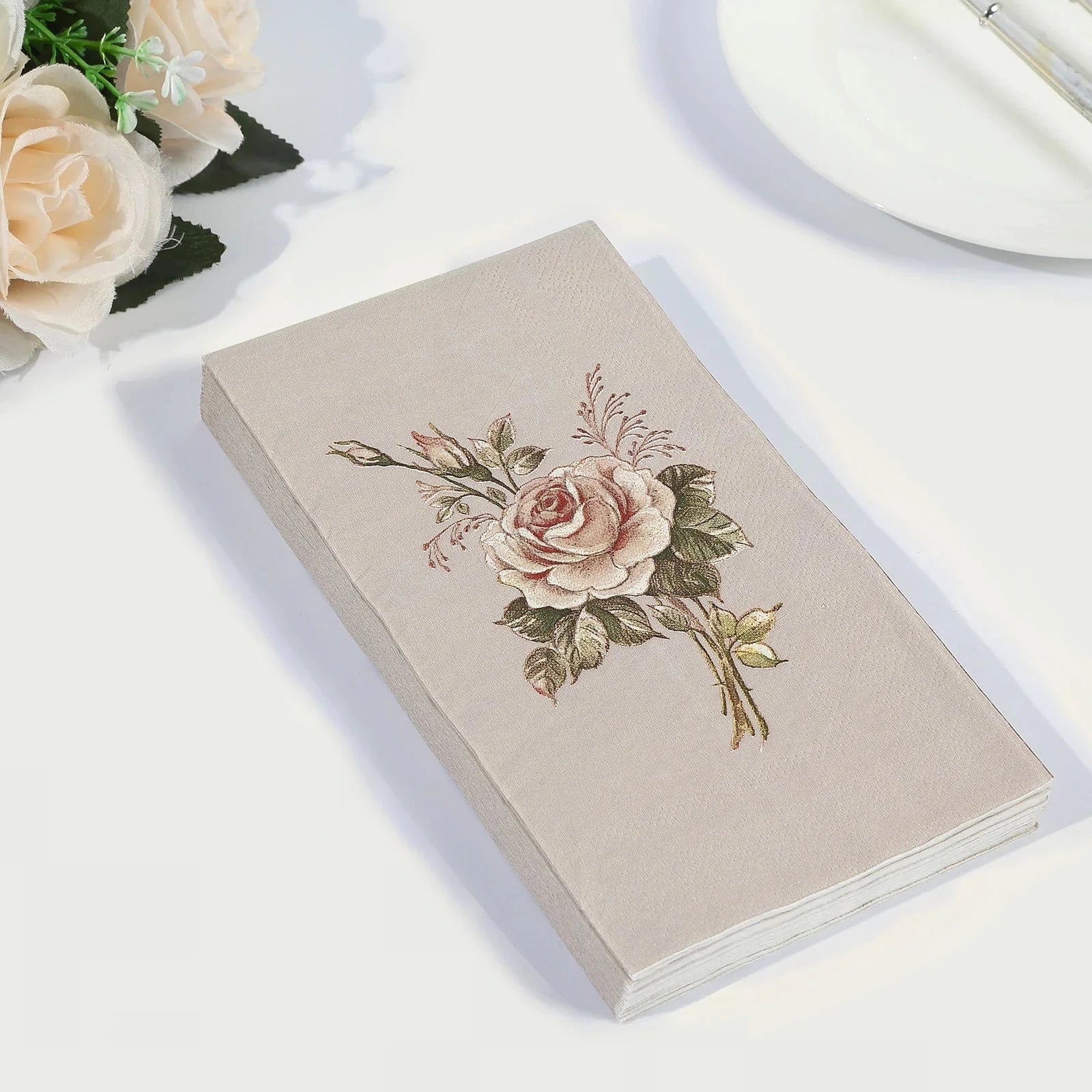 20 Paper Disposable Dinner Napkins with Rose Print - Pink and Ivory NAP_DIN08_IVR