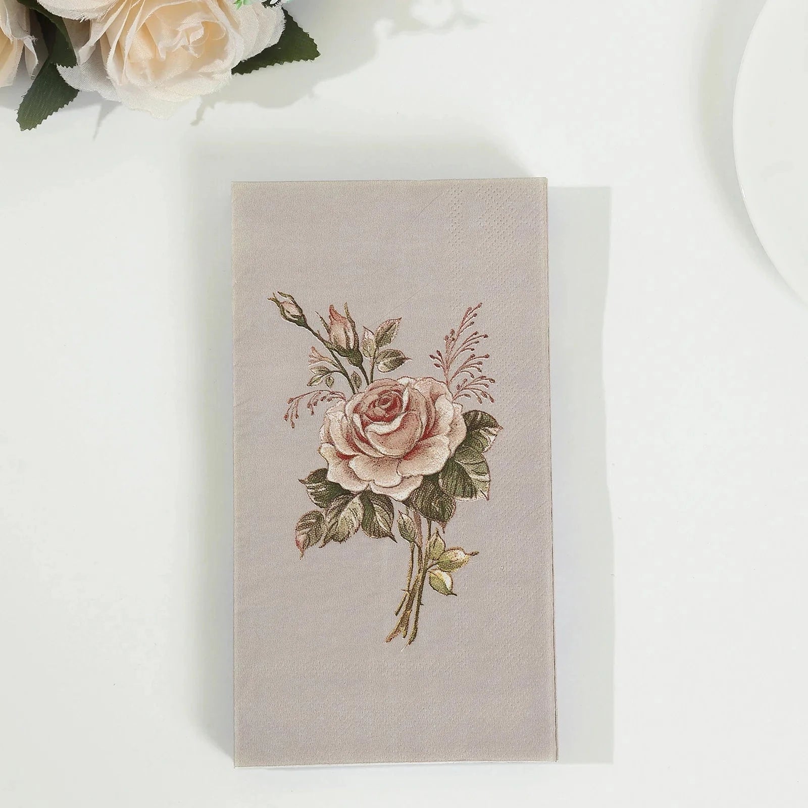 20 Paper Disposable Dinner Napkins with Rose Print - Pink and Ivory NAP_DIN08_IVR
