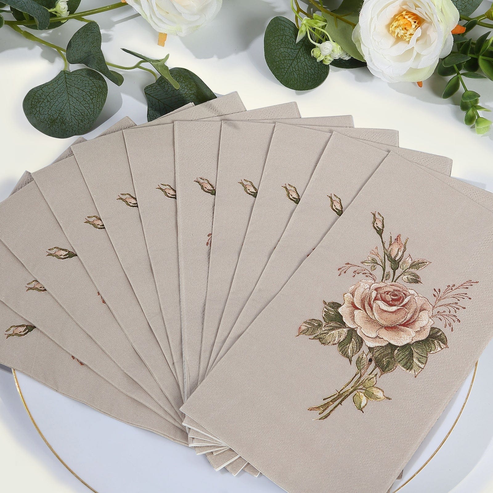 20 Paper Disposable Dinner Napkins with Rose Print - Pink and Ivory NAP_DIN08_IVR