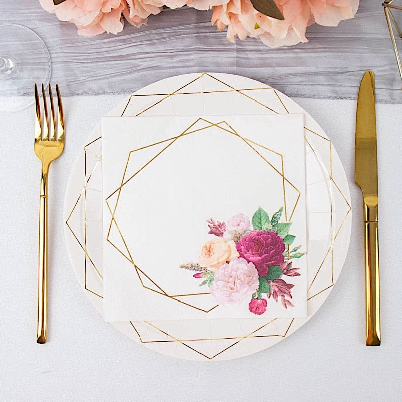 20 pcs 13" x 13" 2 Ply Soft Hexagon Frame Floral Paper Napkins - White and Gold NAP_BEV07_WHGD