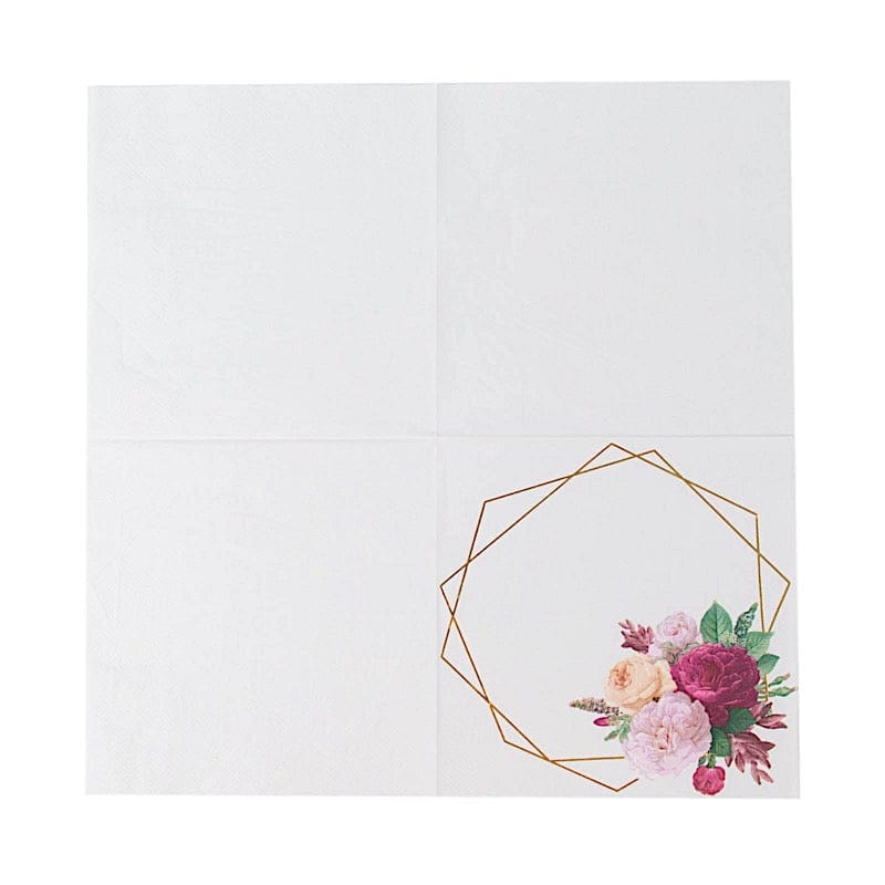 20 pcs 13" x 13" 2 Ply Soft Hexagon Frame Floral Paper Napkins - White and Gold NAP_BEV07_WHGD
