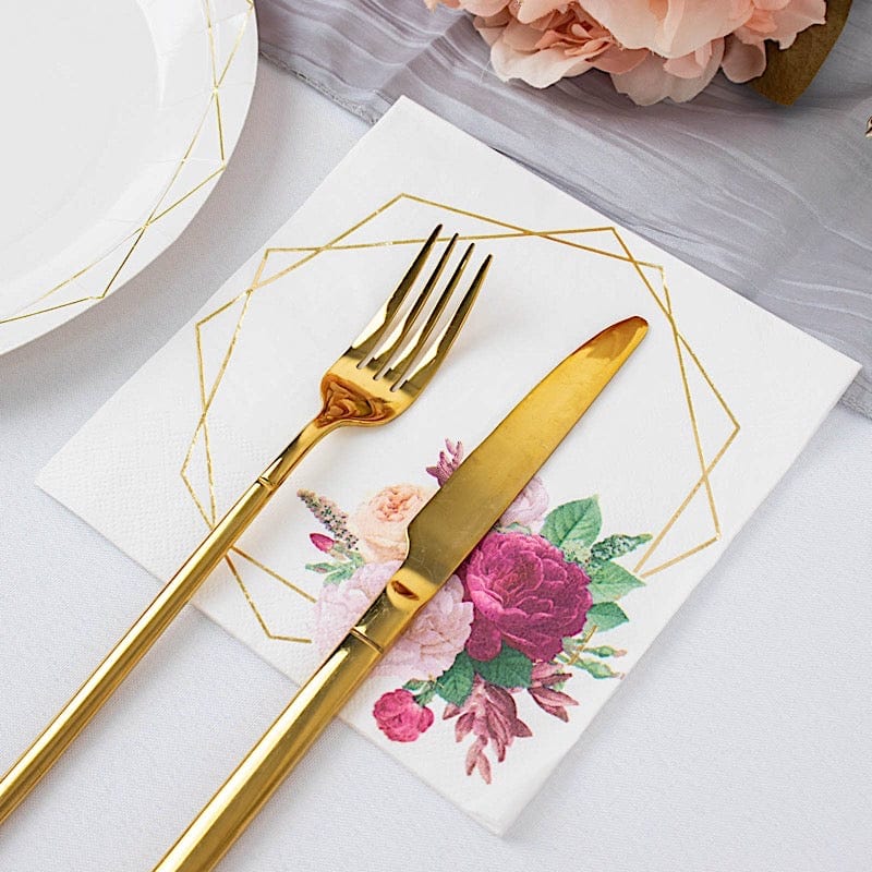 20 pcs 13" x 13" 2 Ply Soft Hexagon Frame Floral Paper Napkins - White and Gold NAP_BEV07_WHGD