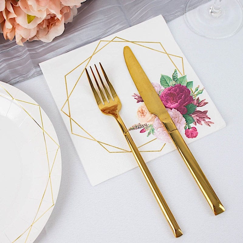 20 pcs 13" x 13" 2 Ply Soft Hexagon Frame Floral Paper Napkins - White and Gold NAP_BEV07_WHGD