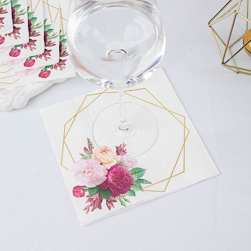 20 pcs 13" x 13" 2 Ply Soft Hexagon Frame Floral Paper Napkins - White and Gold NAP_BEV07_WHGD