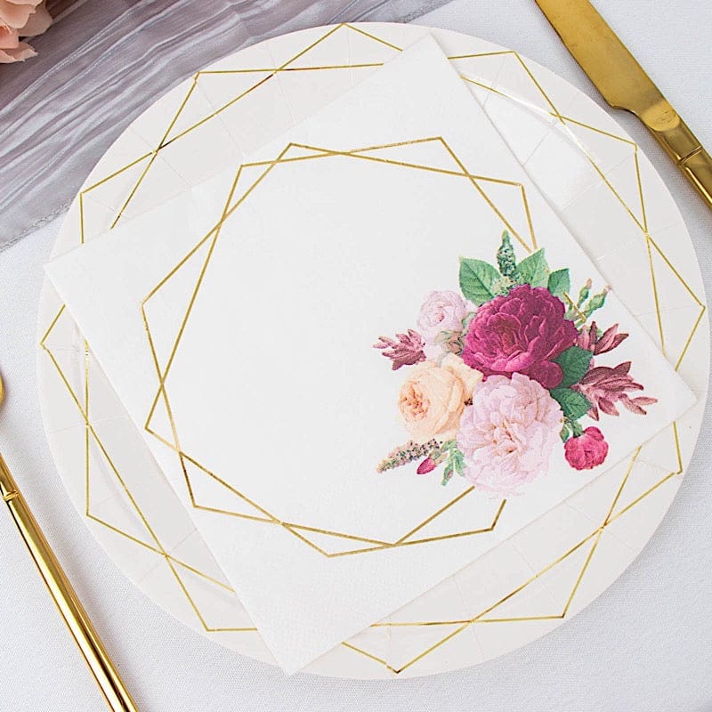 20 pcs 13" x 13" 2 Ply Soft Hexagon Frame Floral Paper Napkins - White and Gold NAP_BEV07_WHGD