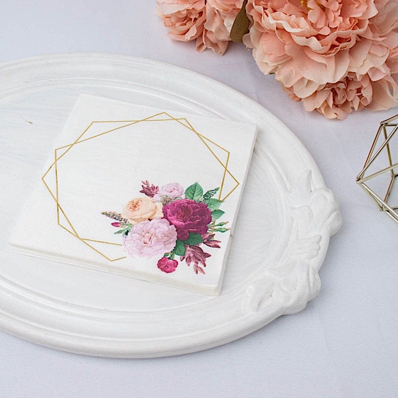 20 pcs 13" x 13" 2 Ply Soft Hexagon Frame Floral Paper Napkins - White and Gold NAP_BEV07_WHGD