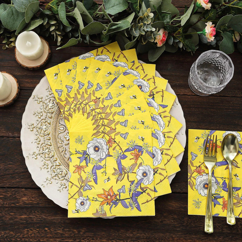 20 pcs 13" x 13" Bright Blooming Flowers Paper Beverage Napkins - Yellow NAP_BEV08_YEL
