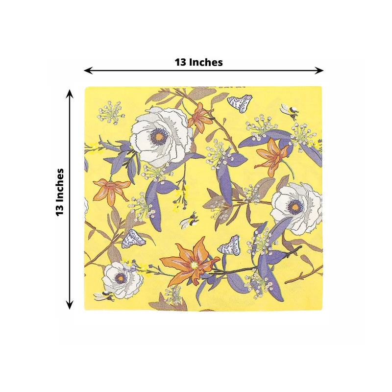 20 pcs 13" x 13" Bright Blooming Flowers Paper Beverage Napkins - Yellow NAP_BEV08_YEL